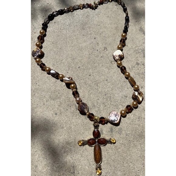 Vintage Religious Cross Brown Round Glass Bead Stone Women’s Sz 26” Pendant - Picture 3 of 12
